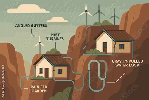 Sustainable hillside home system with rain-fed garden and gravity water loop