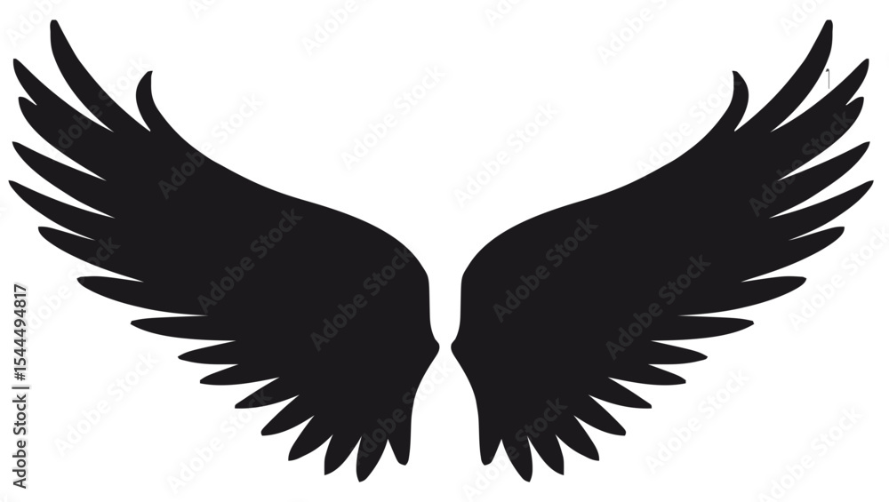 Fototapeta premium silhouette displays a pair of majestic wings spread wide. The bold black outline on white symbolizes freedom, strength, and spirituality.