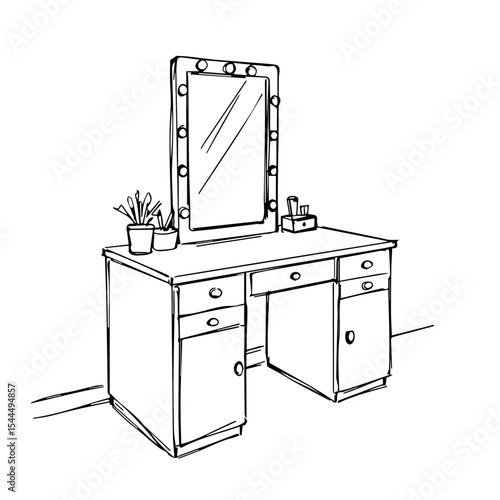 Modern vanity table with mirror and lights. Stylish dressing table with drawers and plants. Elegant makeup vanity perfect for home interior design and furniture catalogs.