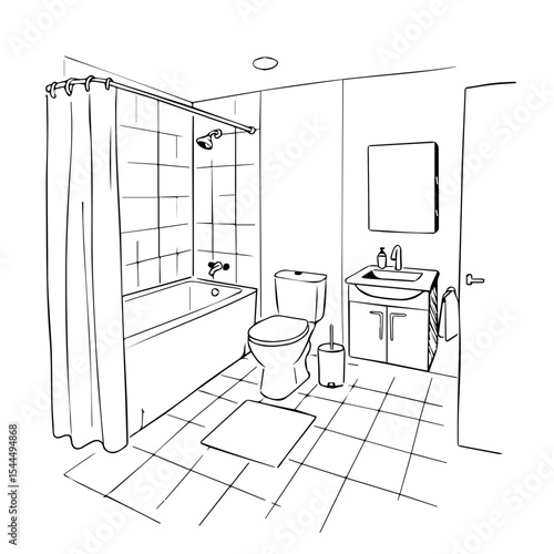 Simple bathroom design sketch showing toilet bathtub shower and sink. Bathroom interior includes shower curtain toilet paper holder bath mat and small cabinet.