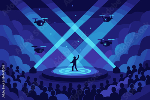 A performer on stage surrounded by drones and spotlight beams, creating a high-tech, futuristic atmosphere in front of a crowd.