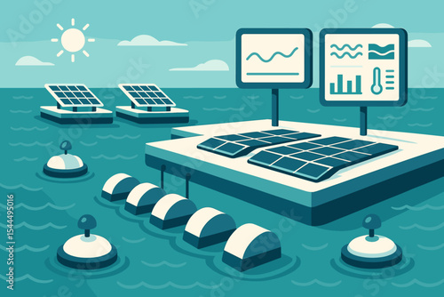 A stylized illustration of solar panels floating on the ocean with data screens monitoring the system, reflecting sustainable energy and environmental monitoring.