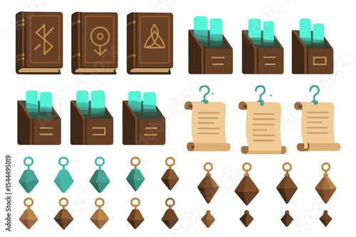 Set of mystical books, scrolls, and glowing crystal items representing knowledge, records, and ancient artifacts.