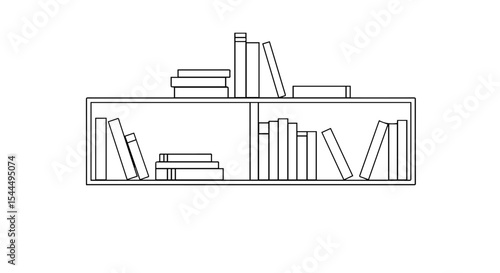 Simple bookshelves with books. Bookshelf design includes various books sizes and arrangements.  Stylish minimalist shelving unit perfect for modern home interiors and furniture catalogs.