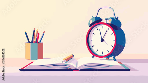 back to school concept - alarm clock and book