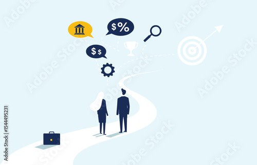 Business Professionals on Path to Financial Success, Strategic Goal Achievement, and Investment Growth, Navigating Opportunities for Future Business Development flat vector illustration