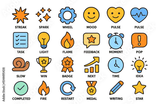 Colorful UI icon set with badges, emotions, tasks, and motivational symbols