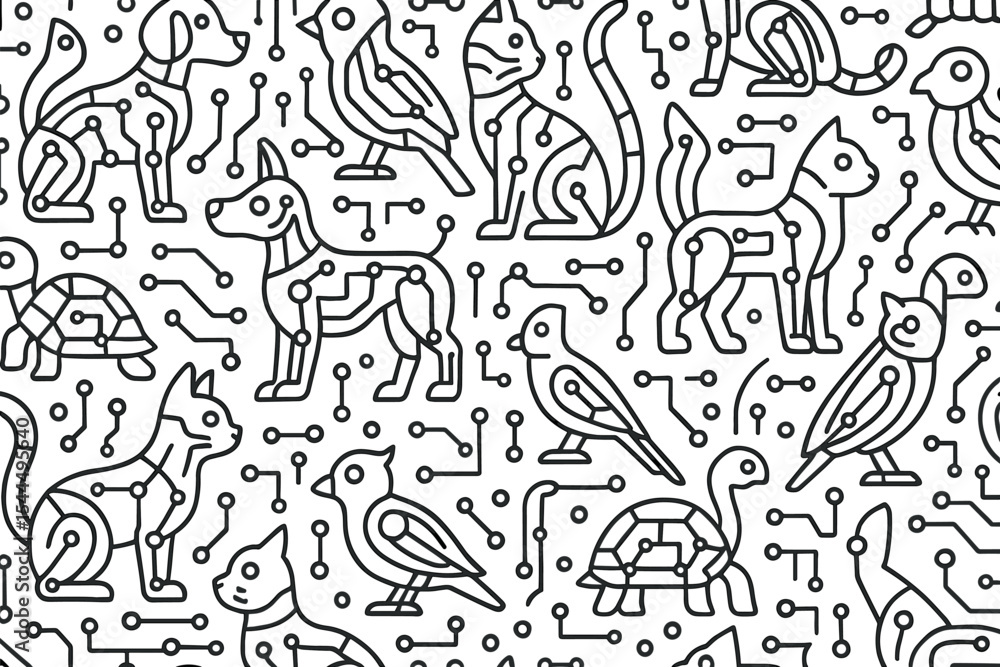 Seamless pattern of robotic animals in circuit board style Seamless pattern of robotic animals in circuit board style