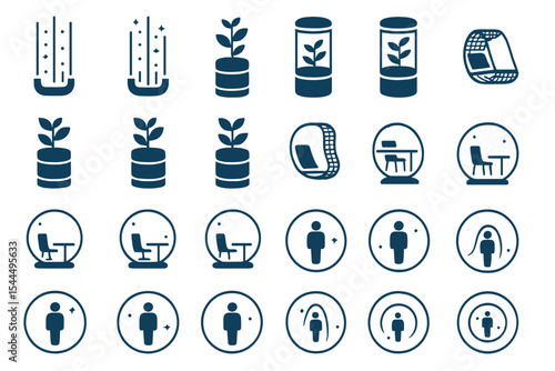 Futuristic workspace pods and plant glyph icons set