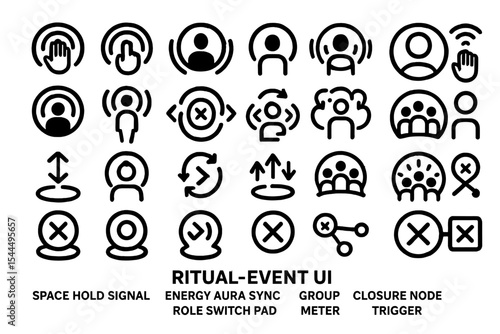 Minimalist ritual-event UI icons with signals, group meters, and triggers