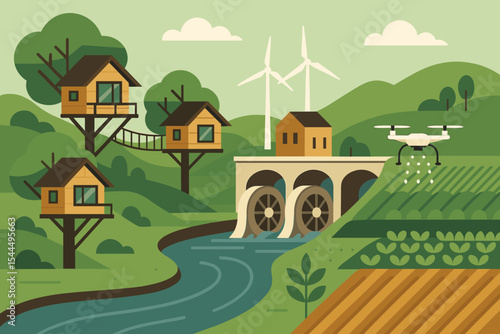 Sustainable farming landscape with treehouses, windmills, and a drone
