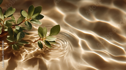 Gentle water ripples and leaf shadows on smooth beige surface, elegant background for skincare and wellness themes