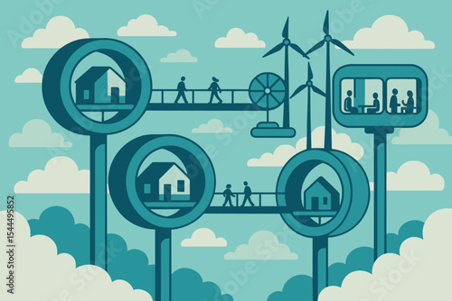 Futuristic eco city with elevated homes, wind turbines, and skywalks