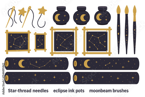Whimsical celestial art supplies with stars and constellations