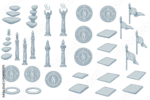 Set of mystical and symbolic icons with stacked stones, pillars, flags, and circular patterns.