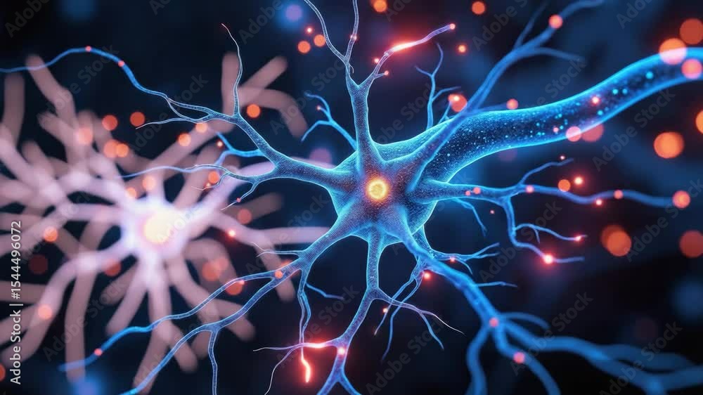 Neural cell neuron synapse brain network science glowing blue biology connection digital illustration of neural cell network with glowing synapses and blue background, vibrant futuristic biological