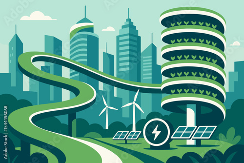 Futuristic eco-city with vertical farming, wind turbines, and solar energy