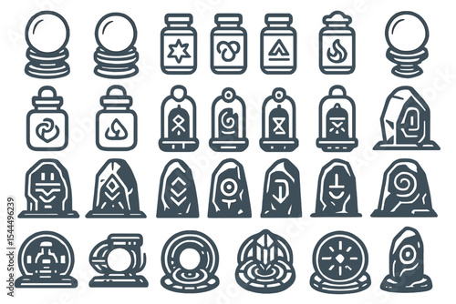 Set of mystical and magical icons, including crystal balls, enchanted jars, ancient stones, and symbolic markings, often associated with divination and arcane rituals.