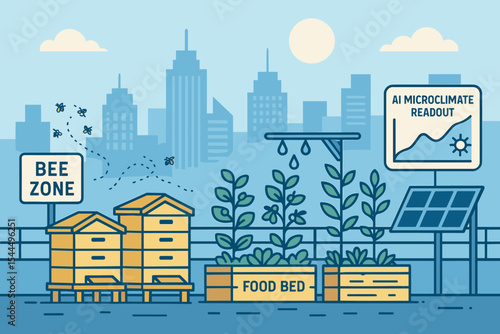 Illustration of a rooftop urban garden featuring bee hives, a food bed, an AI microclimate readout, and solar panel setup in a city environment.