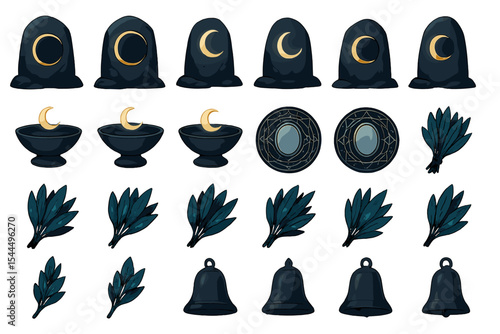 Mystical icon set with moons, herbs, bells, and ritual objects