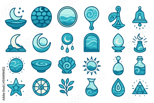 Set of 20 water and nature-themed vector icons with soothing blue tones.