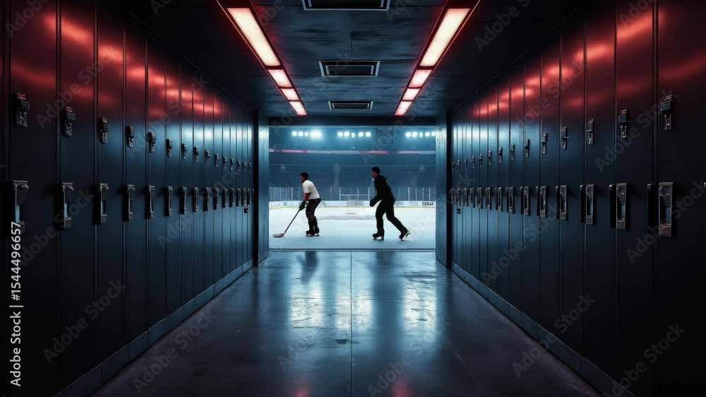 Ice skating group silhouette illuminated locker room hallway of modern arena with dramatic lighting, reflective floor, and energetic atmosphere as red lights lead to ice hockey rink for winter sport Ice skating group silhouette illuminated locker room hallway of modern arena with dramatic lighting, reflective floor, and energetic atmosphere as red lights lead to ice hockey rink for winter sport