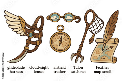 Set of adventure and exploration tools with a steampunk vibe.