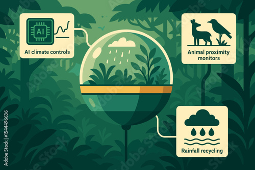 Illustration of an AI-controlled greenhouse with features like rainfall recycling, animal proximity monitors, and climate controls, set in a lush, green forest.