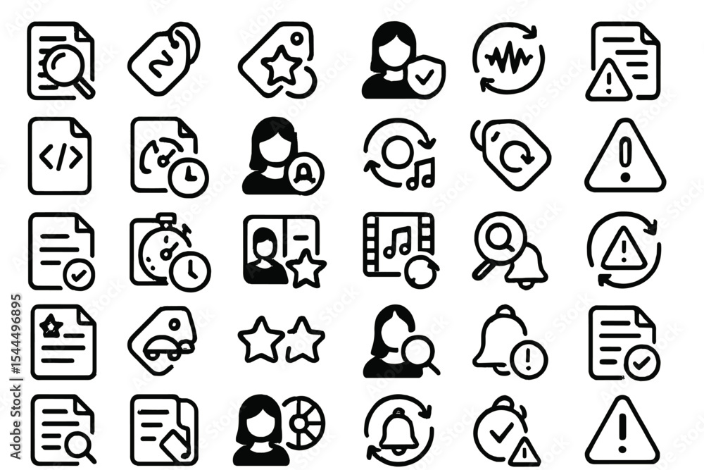 Fototapeta premium Modern UX icon set featuring documents, alerts, tags, profiles, and multimedia elements