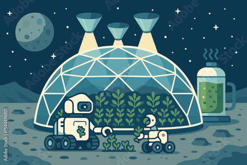 Illustration of robots cultivating plants inside a geodesic dome on the moon, with a futuristic environment.