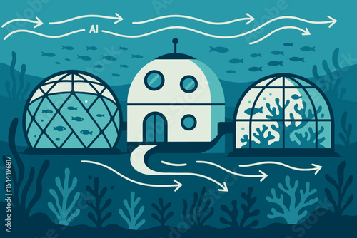 Futuristic underwater dome habitat with AI ecosystem flow