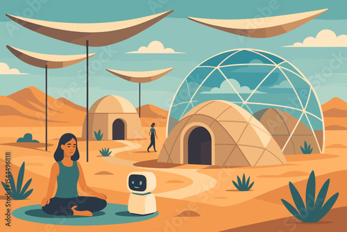 Futuristic desert settlement with dome-shaped homes, solar-powered shelters, and a robot companion.