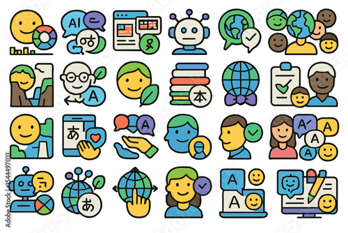 Colorful set of multilingual communication and AI icons