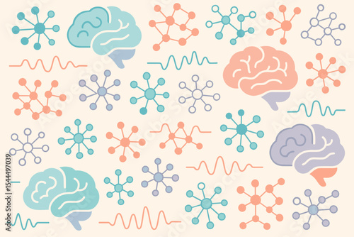 Seamless pattern of brains, neural nodes, and waves in pastel tones