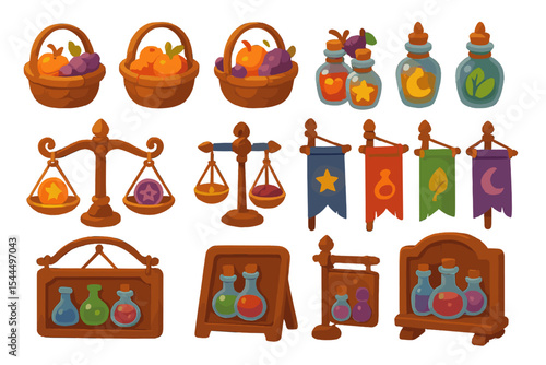 Whimsical potion bottles, scales, and banners in a fantasy shop setting