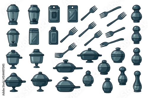 Hand-drawn kitchenware and dining utensil icons set