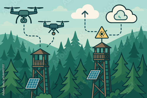 Drones monitoring forest towers with solar panels and weather tracking in a scenic forest landscape.
