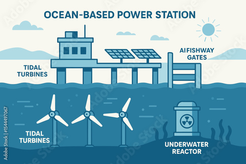 Ocean-based power station with tidal turbines and solar panels