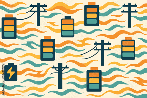 Energy grid seamless pattern with batteries and power lines