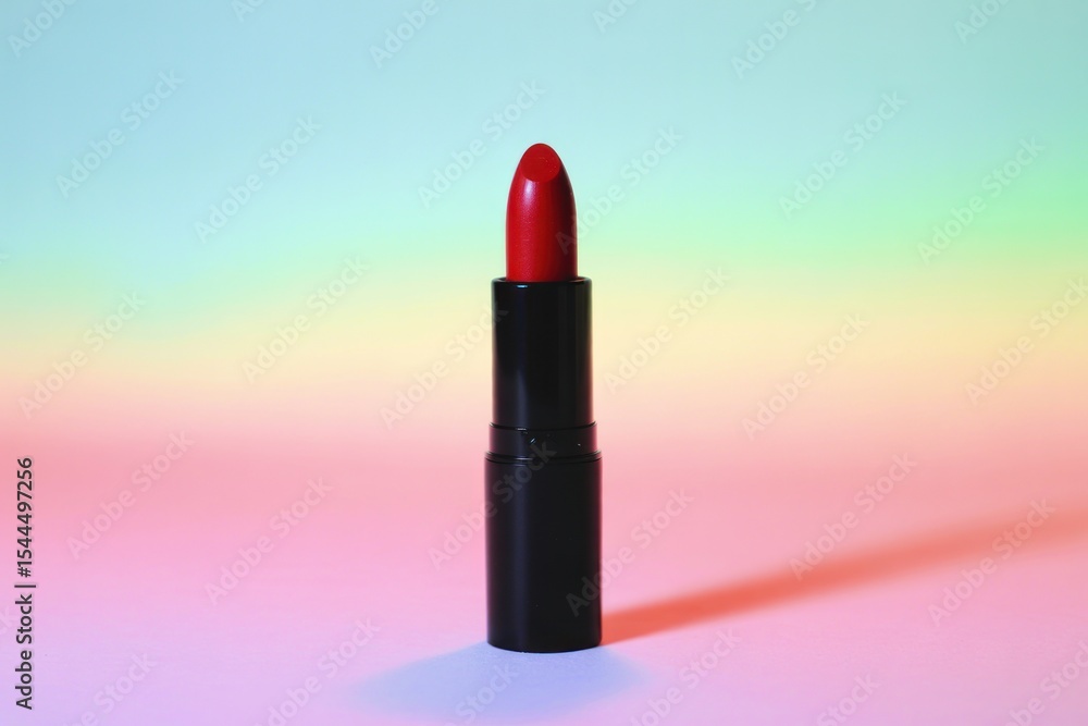 Fototapeta premium Single Red Lipstick Black Tube Pastel Background black lipstick tube