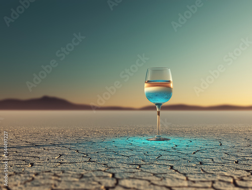 A glass of clean water stands on dry cracked desert, glowing blue contrast, minimalist surrealism symbolizing eco crisis