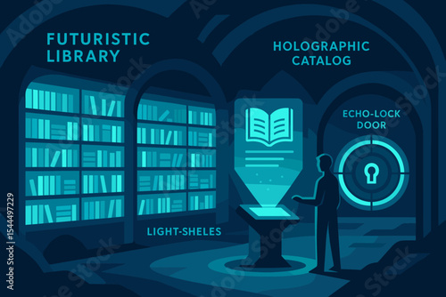 Futuristic library interior with holographic catalog