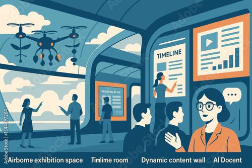 Futuristic airborne museum with timeline displays and AI docent