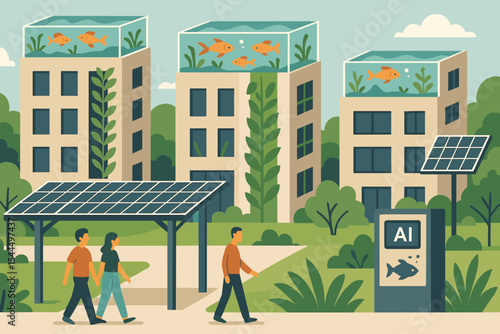 Futuristic eco-buildings with rooftop aquariums and AI fish monitoring