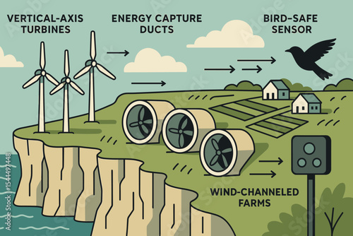 Illustrated concept of wind energy system with turbines and sensors