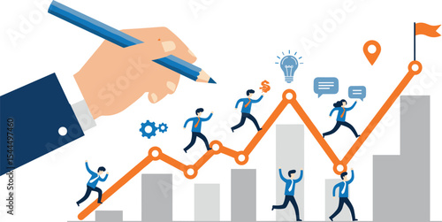 Business Team Collaborating and Innovating on a Growth Chart Towards Success, Driven by Strategic Planning and Continuous Performance Improvement flat vector illustration