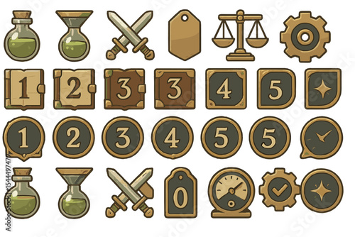 Fantasy game UI icons set with potions, swords, numbers, and badges