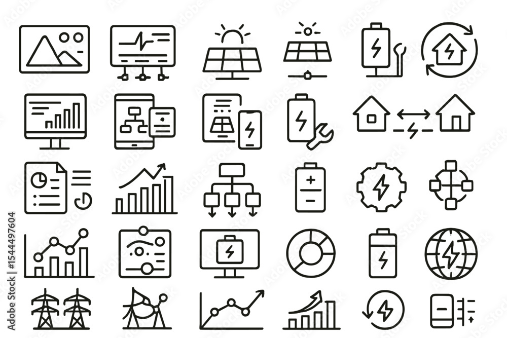 Energy analytics and solar power dashboard icon set Energy analytics and solar power dashboard icon set