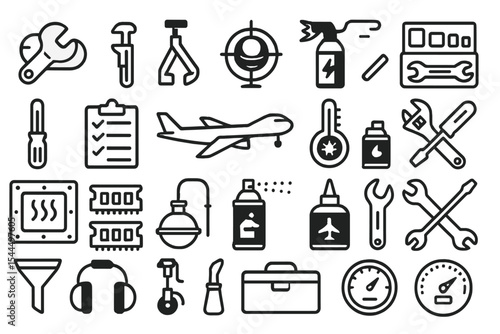 Black vector icons of aviation tools, parts, and maintenance equipment