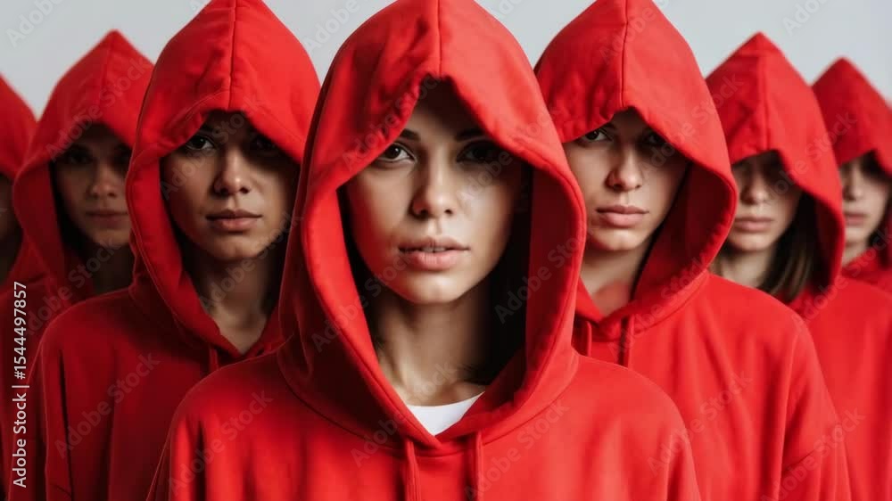 Group of young women wearing red hooded sweatshirts standing in a row on a white background, facing forward and looking serious Group of young women wearing red hooded sweatshirts standing in a row on a white background, facing forward and looking serious